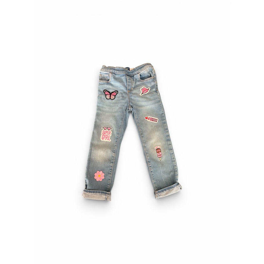 Old‎ Navy Girls Skinny Jeans Light Wash Custom Patches Adjustable Waist Size 5T